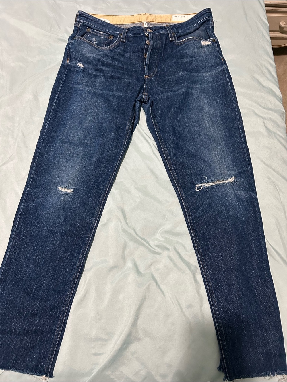rag & bone jeans with beige interior and blue trim